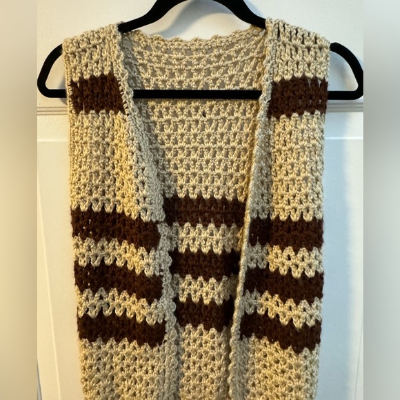 70’s Handmade Crocheted Vest Tan Brown Stripes Neutral Fall Layering Sm EUC VTG - Picture 6 of 8